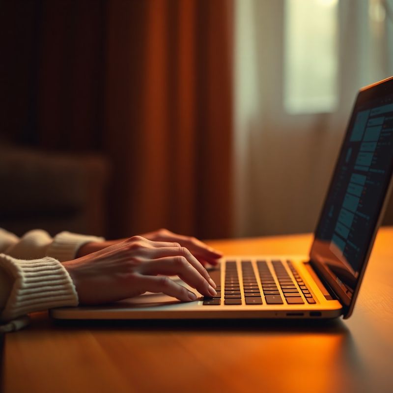 Mâini tastând pe un laptop în lumină caldă chihlimbar